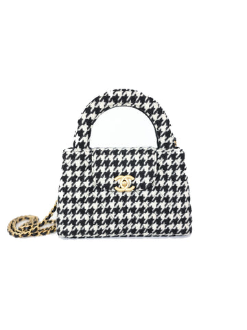 Chanel Small kelly shopper black and white houndstooth tweed brushed gold hardware