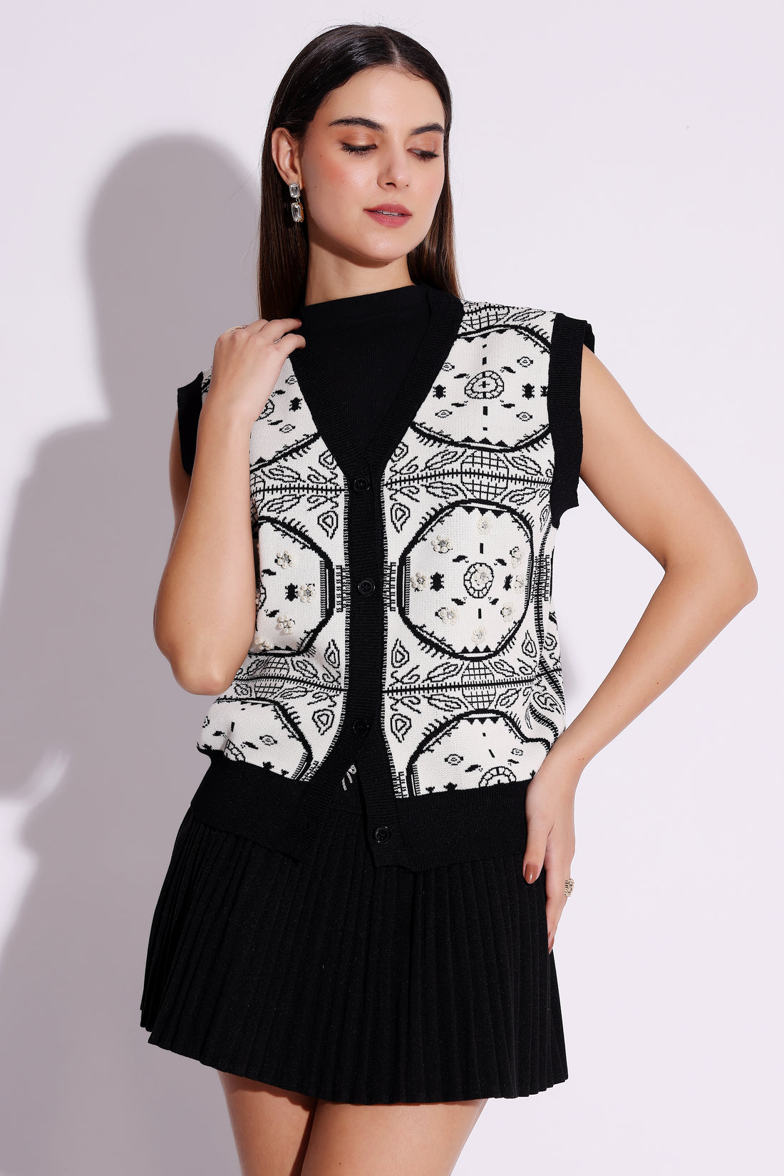 Printed Vest with Pleated Skirt