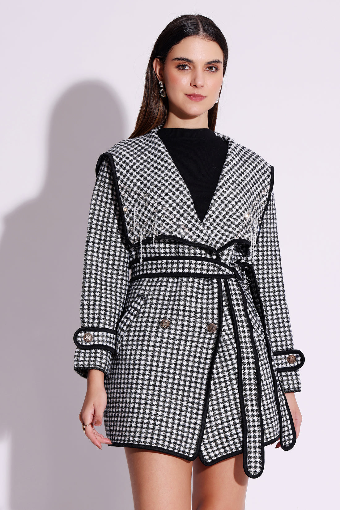 Houndstooth Belted Coat