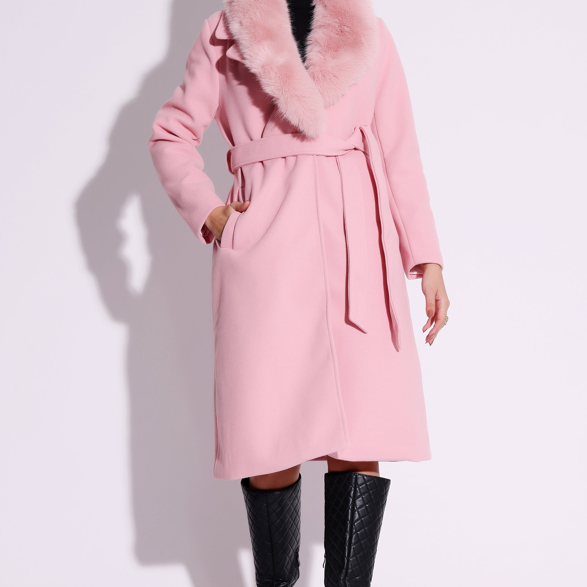 Pink Faux Fur Trim Coat