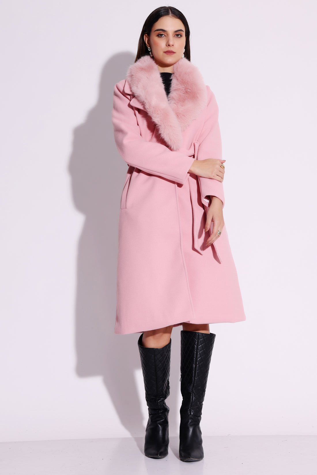 Pink Faux Fur Trim Coat