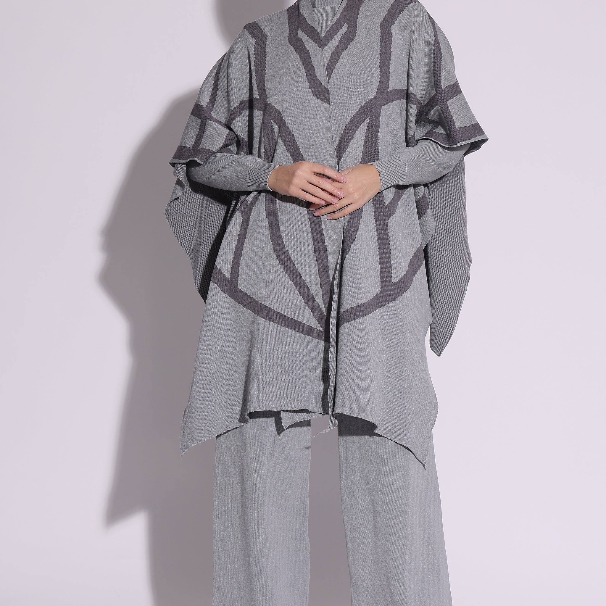 Elegant Grey Knit Poncho Co-Ord Set