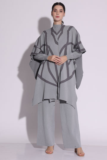 Elegant Grey Knit Poncho Co-Ord Set