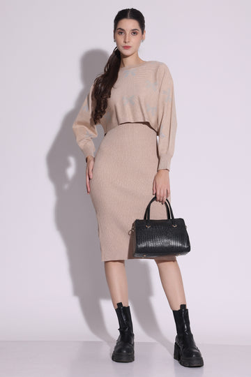 Beige Knit Sweater and Skirt Set