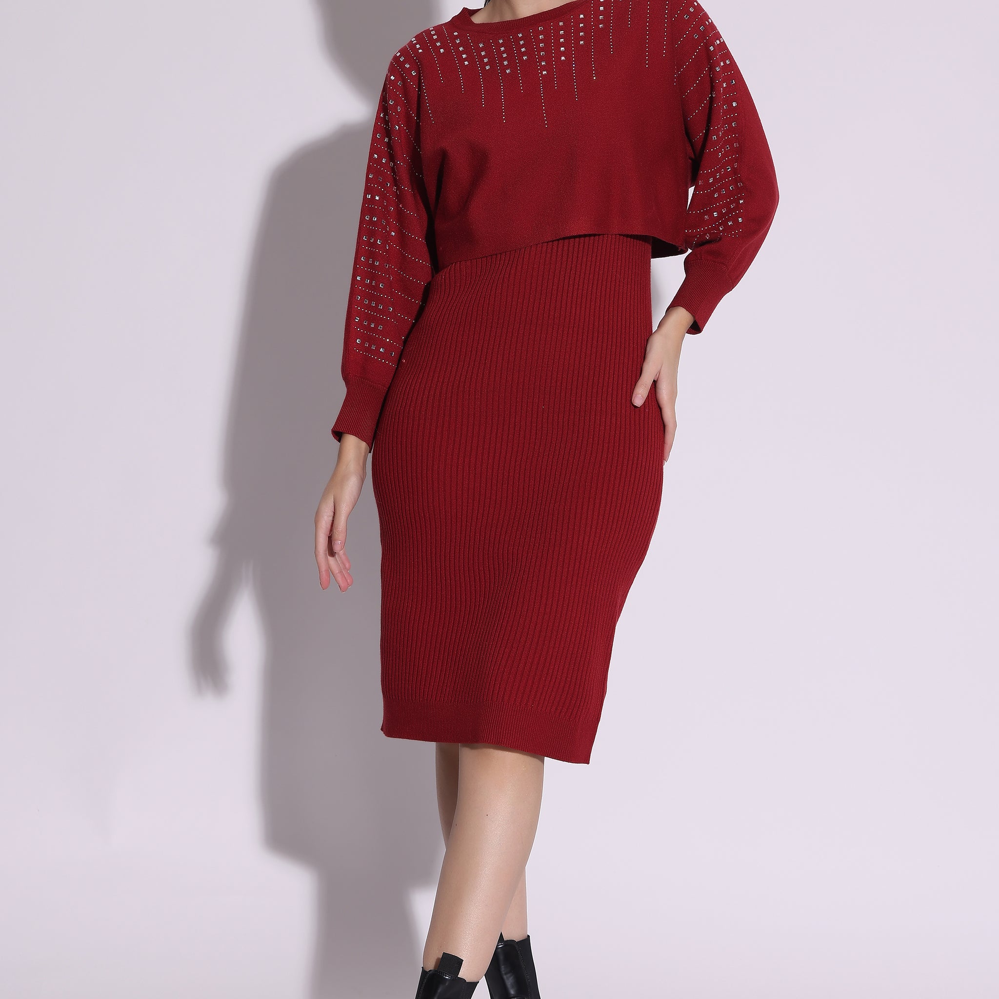 Red Ribbed Knit Dress with Embellished Top