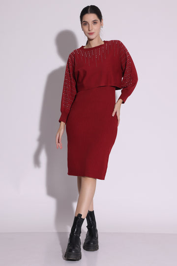 Red Ribbed Knit Dress with Embellished Top