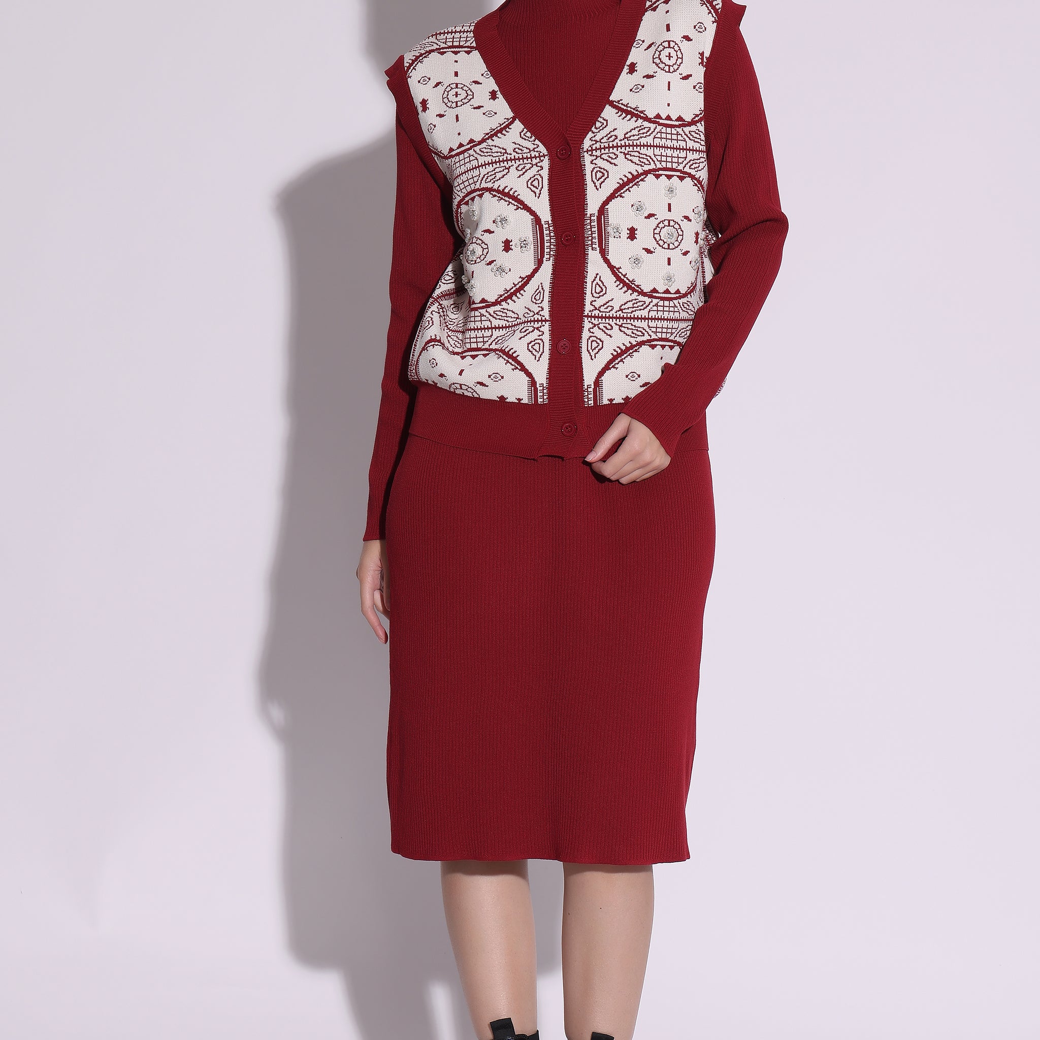 Festive Knit Dress with Patterned Vest