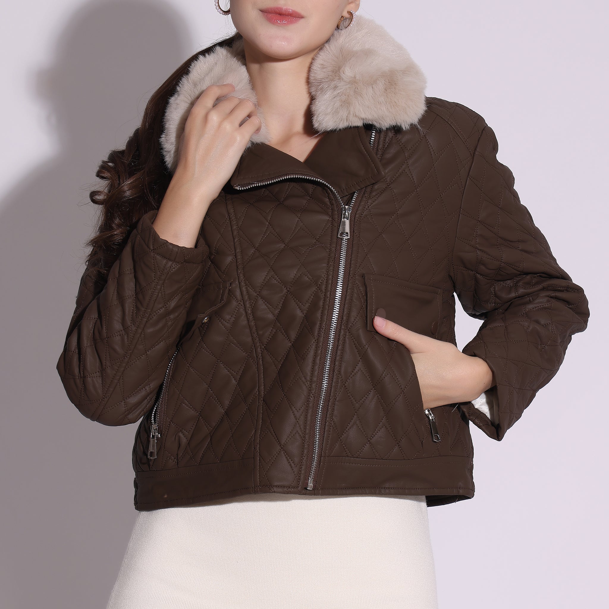 Quilted Faux-Leather Jacket with Fur Collar