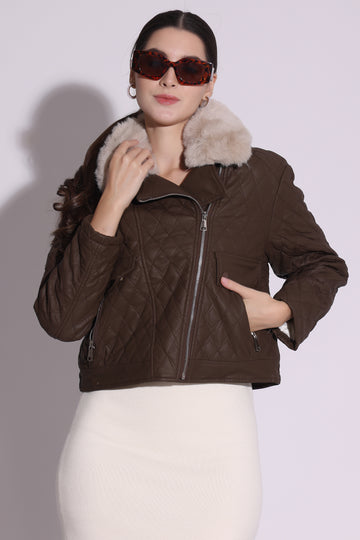 Quilted Faux-Leather Jacket with Fur Collar