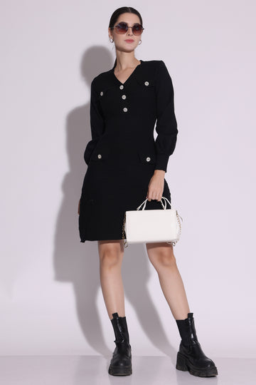 Classic Black Knit Buttoned Dress