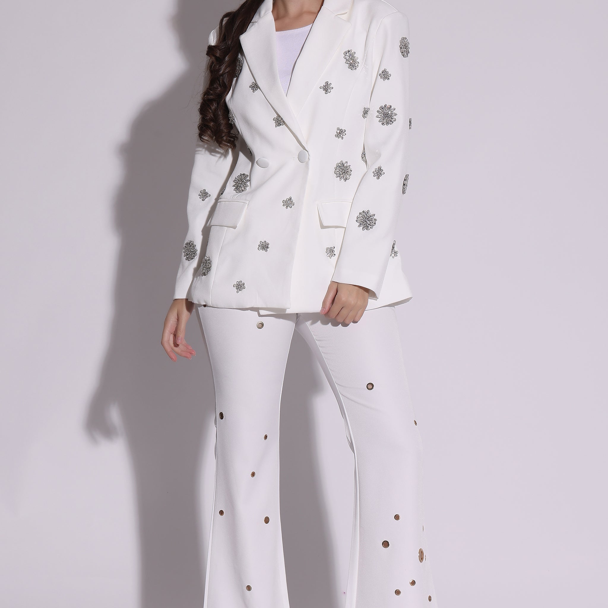 Luxe Embellished White Blazer Set