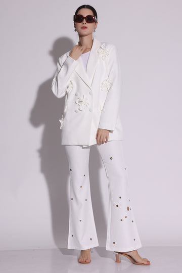 3D Floral White Blazer Set