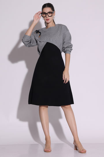 Dual-Tone Knit Midi Dress