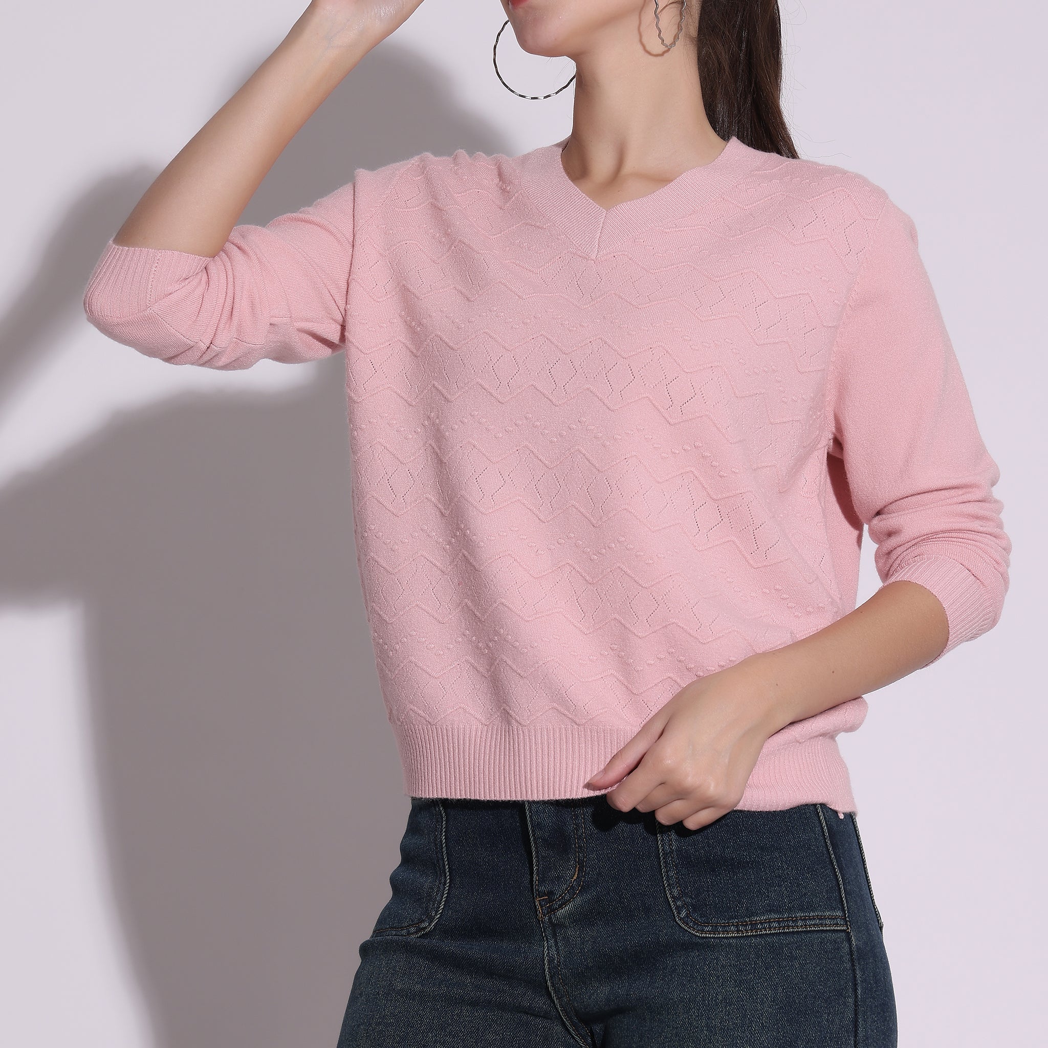 Soft Pink V-Neck Knit Sweater