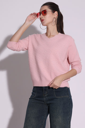 Soft Pink V-Neck Knit Sweater