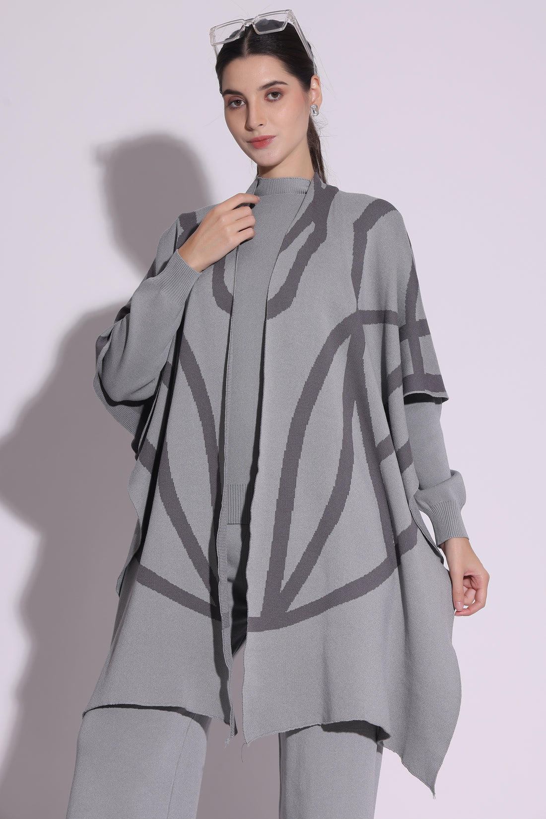 Elegant Grey Knit Poncho Co-Ord Set