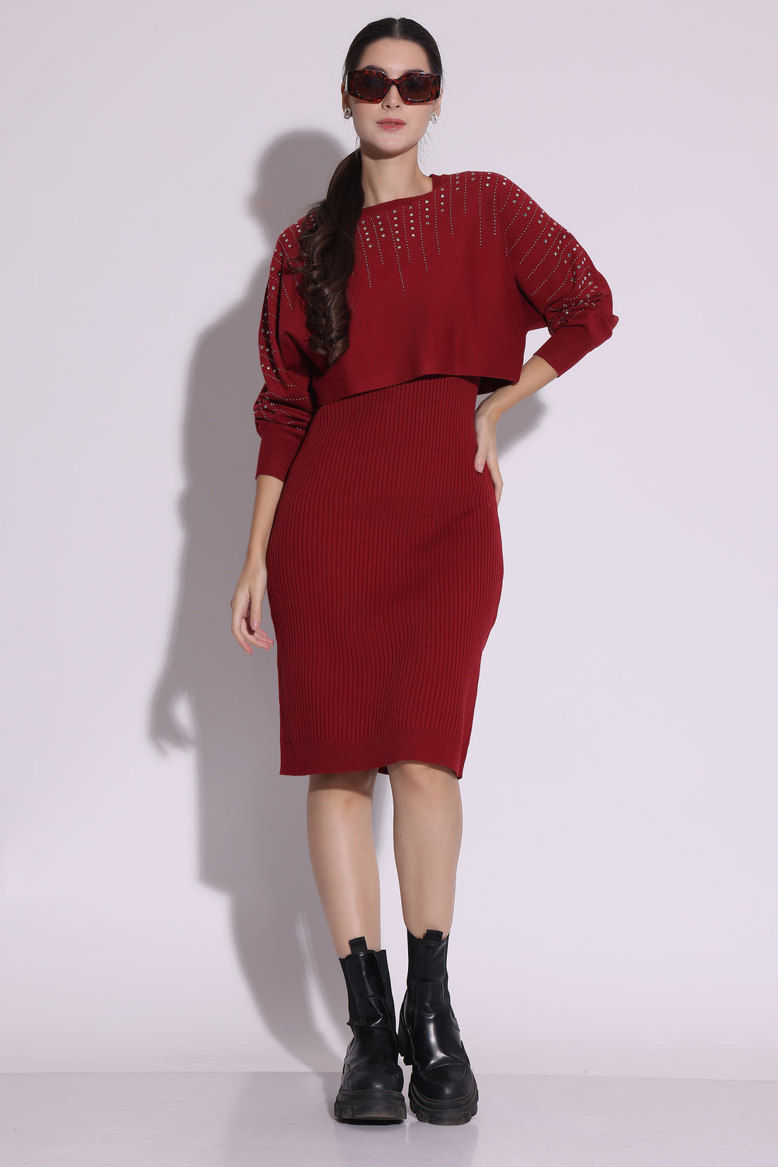 Red Ribbed Knit Dress with Embellished Top