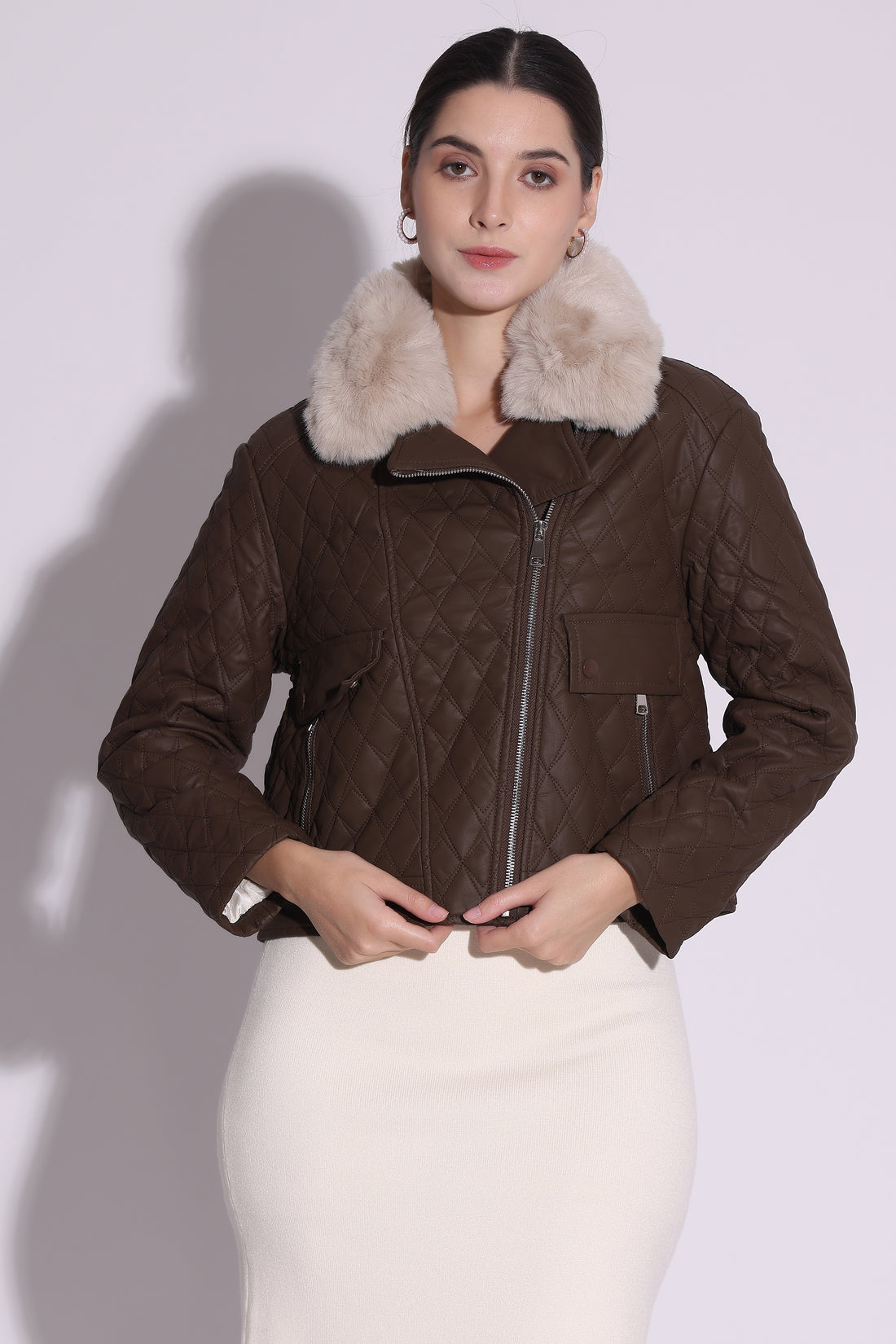 Quilted Faux-Leather Jacket with Fur Collar