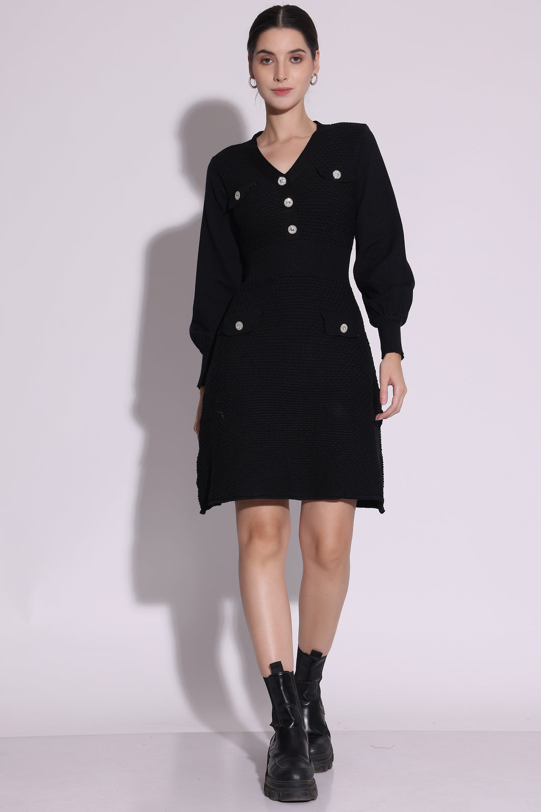 Classic Black Knit Buttoned Dress