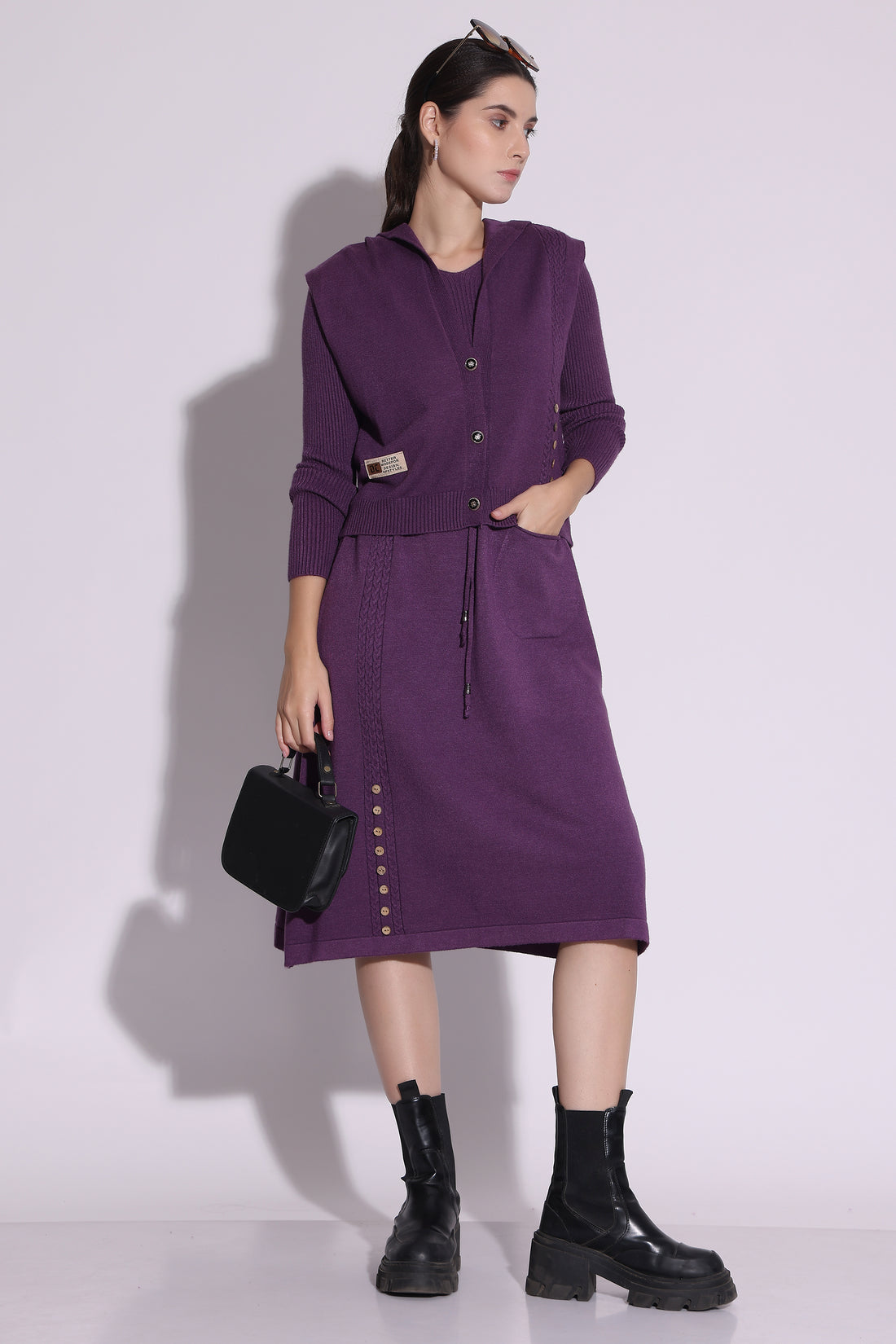 Plum Knit Hooded Cardigan Dress