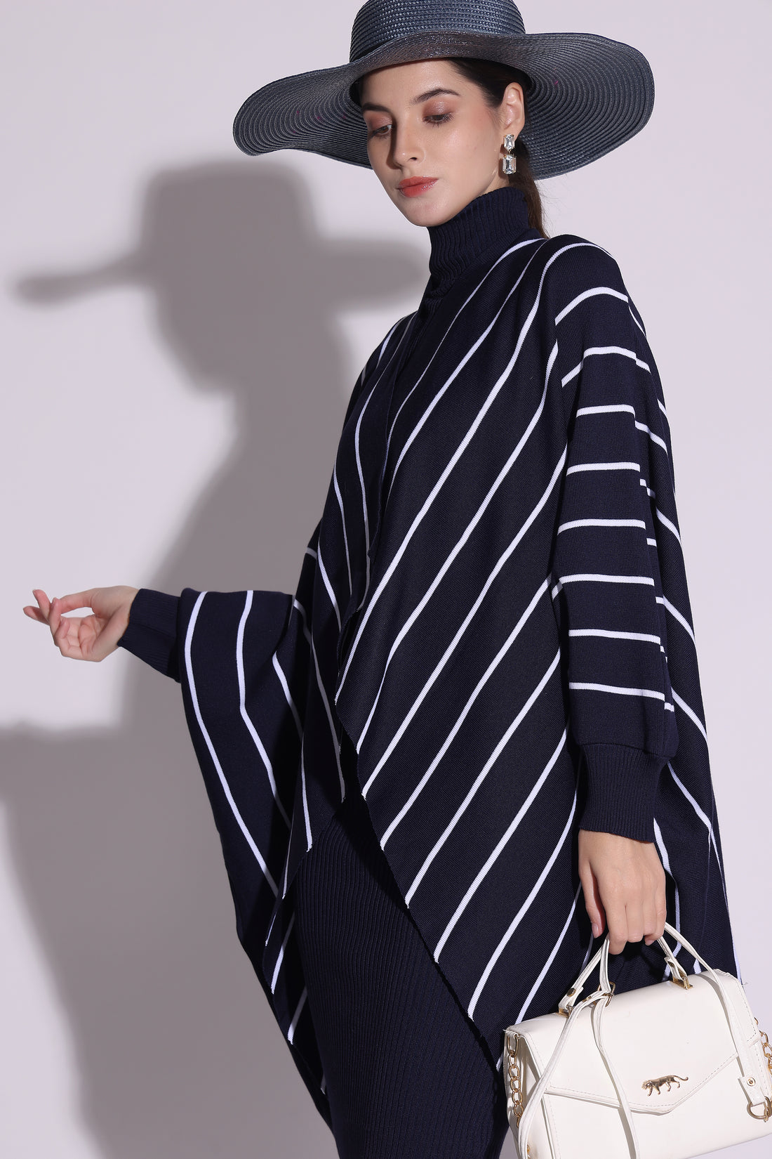 Navy Striped Knit Cape Dress