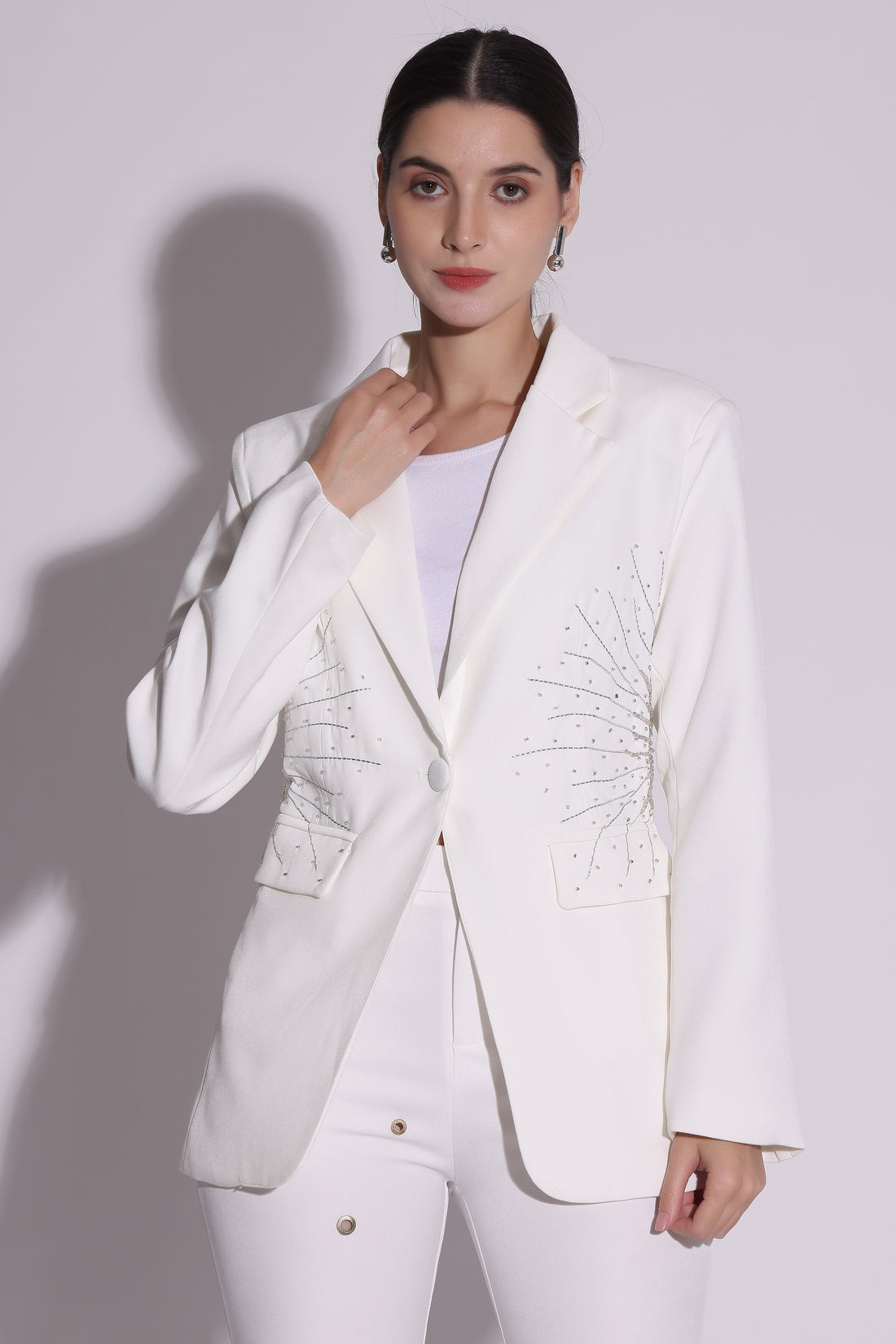 Radiant Line Embellished White Blazer Set