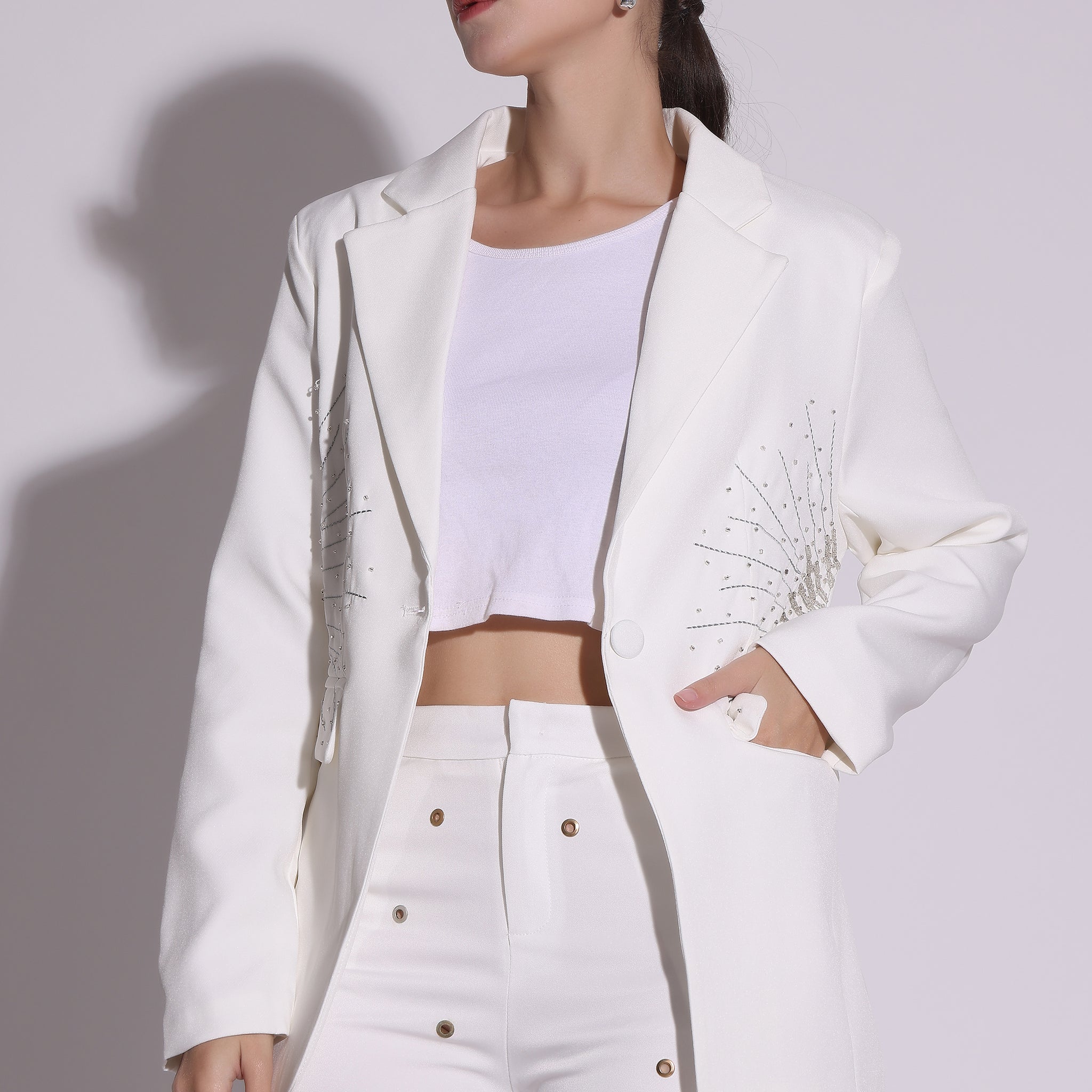 Radiant Line Embellished White Blazer Set