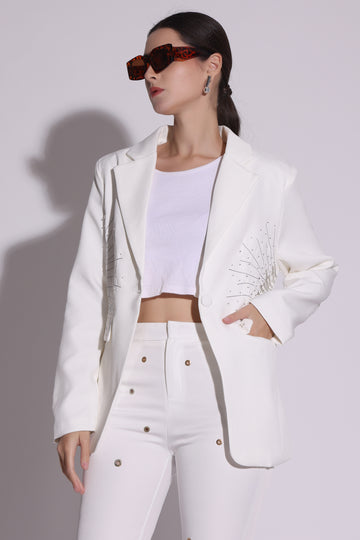 Radiant Line Embellished White Blazer Set