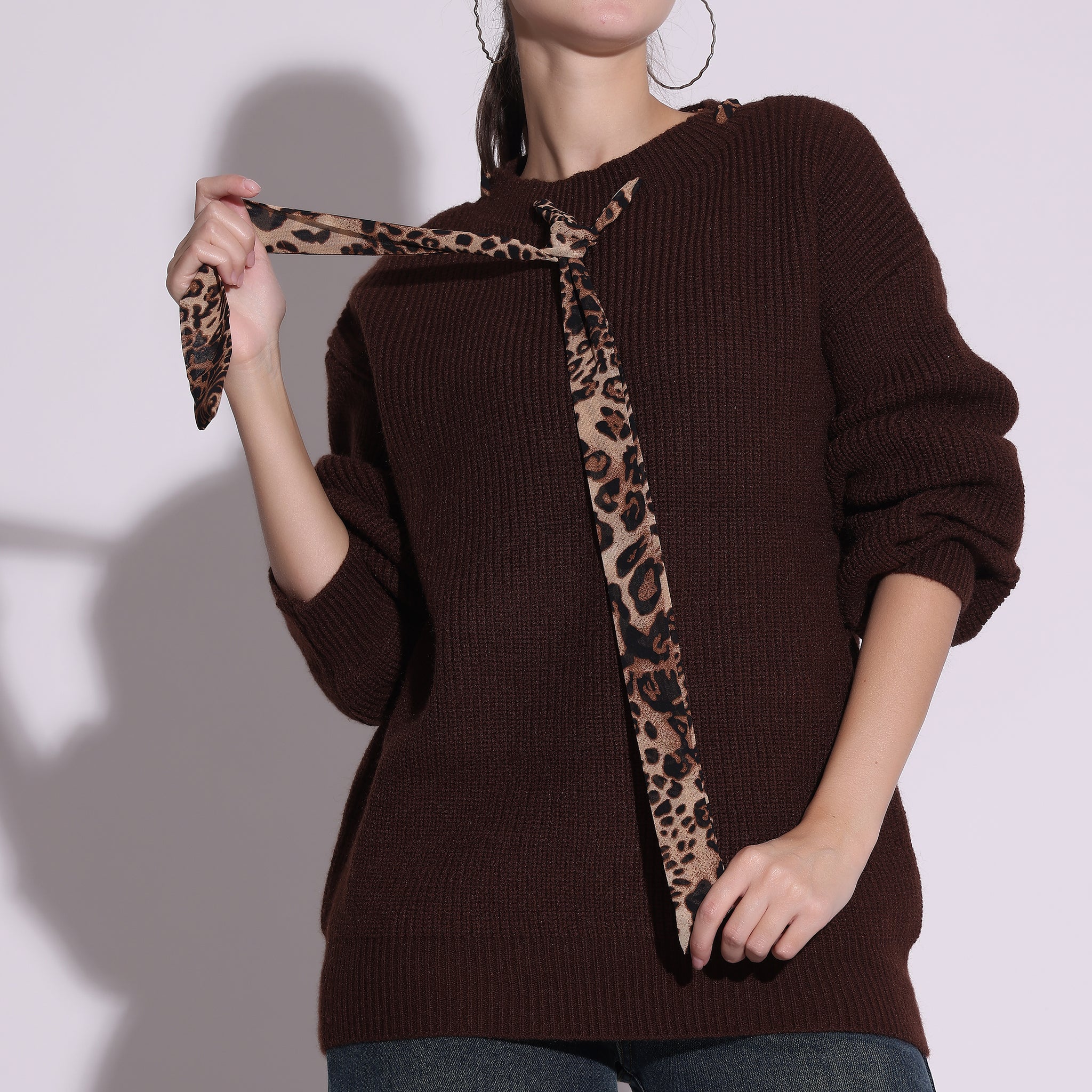 Oversized Knit Sweater with Leopard Print Accent