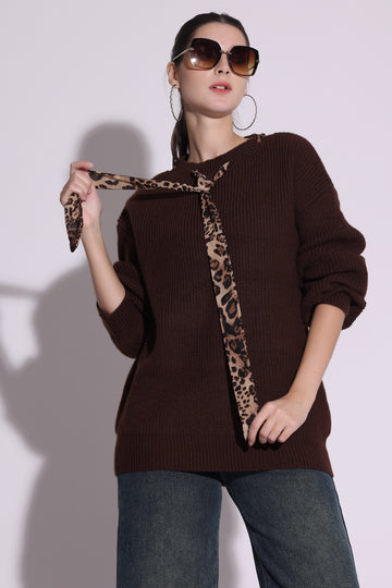 Oversized Knit Sweater with Leopard Print Accent