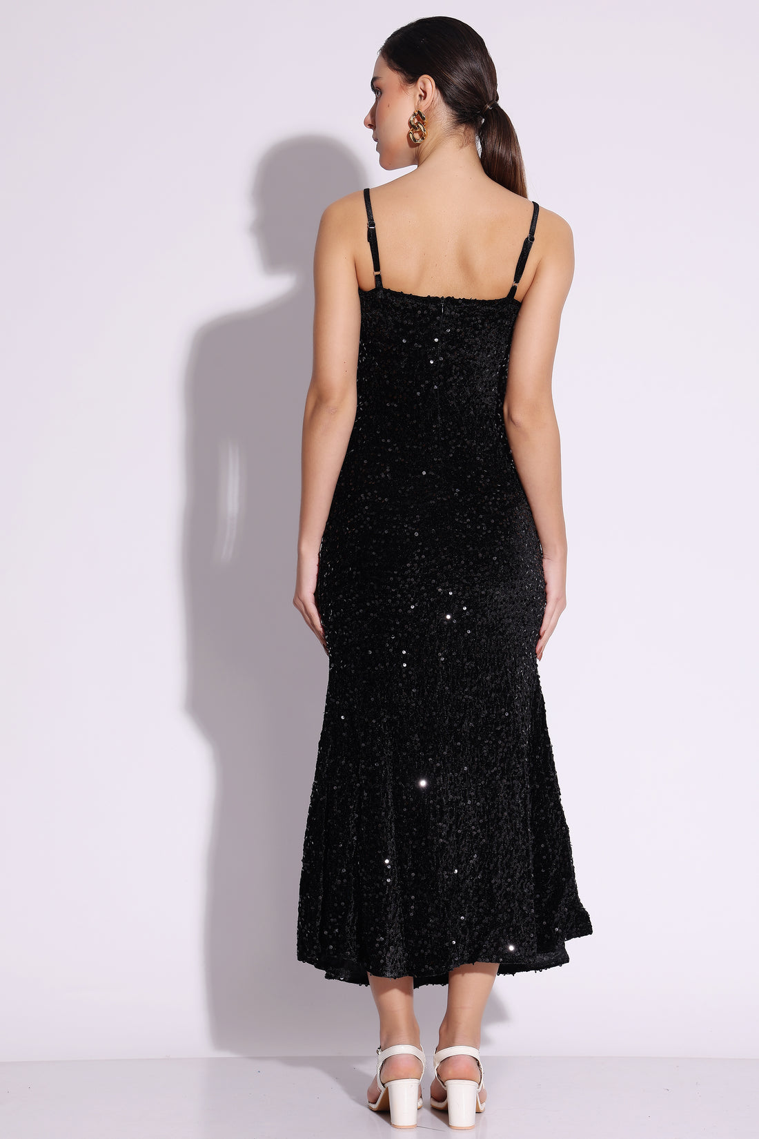 Black Sequined Velvet Midi Dress