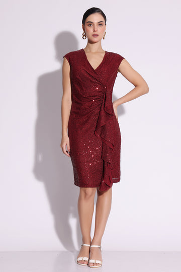 Burgundy Sequin Wrap Dress