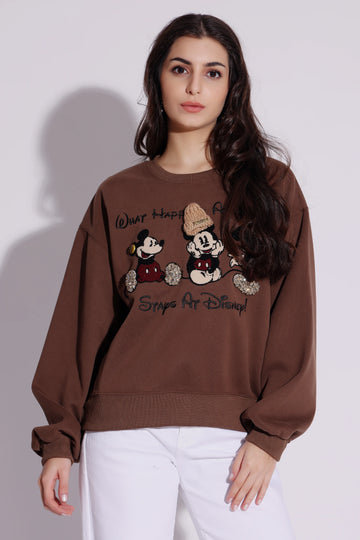 Casual Brown Sweatshirt with Disney-Inspired Embroidery