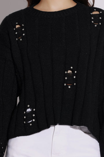 Black Knit Sweater with Rhinestone Accents