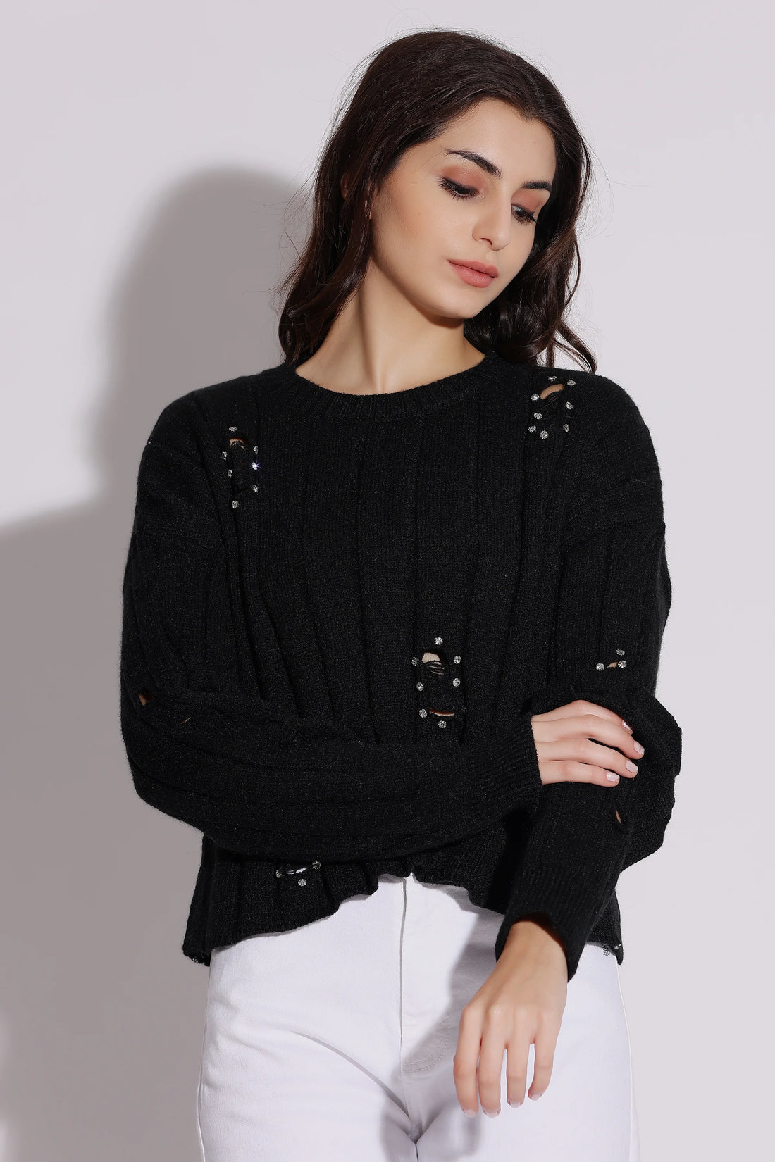 Black Knit Sweater with Rhinestone Accents