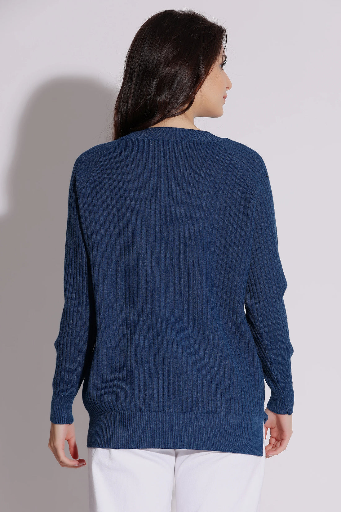 Navy Blue Ribbed Knit Sweater