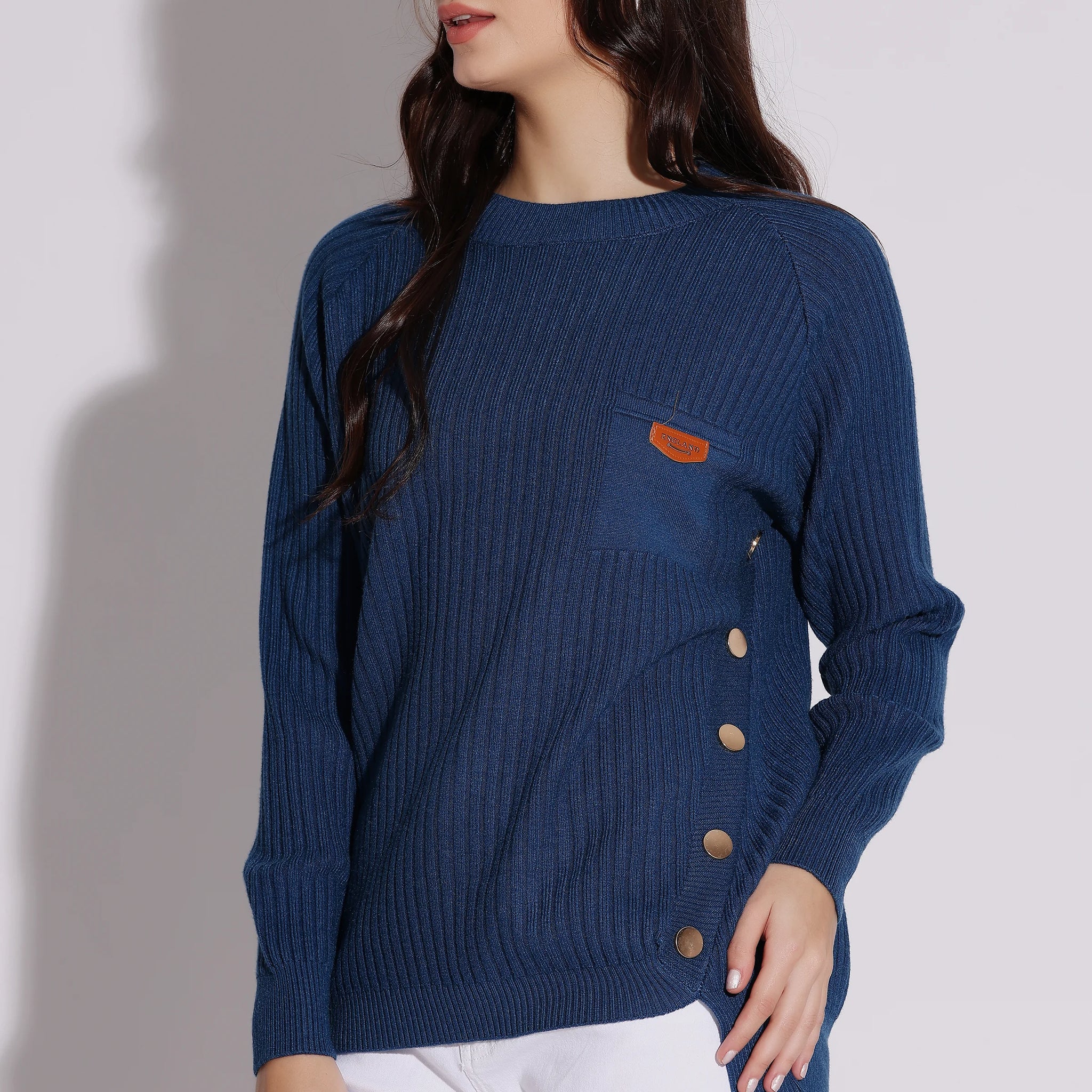 Navy Blue Ribbed Knit Sweater