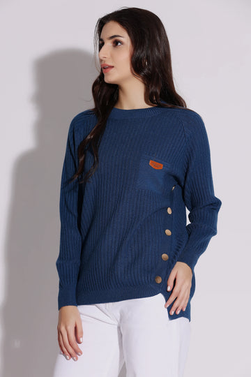 Navy Blue Ribbed Knit Sweater