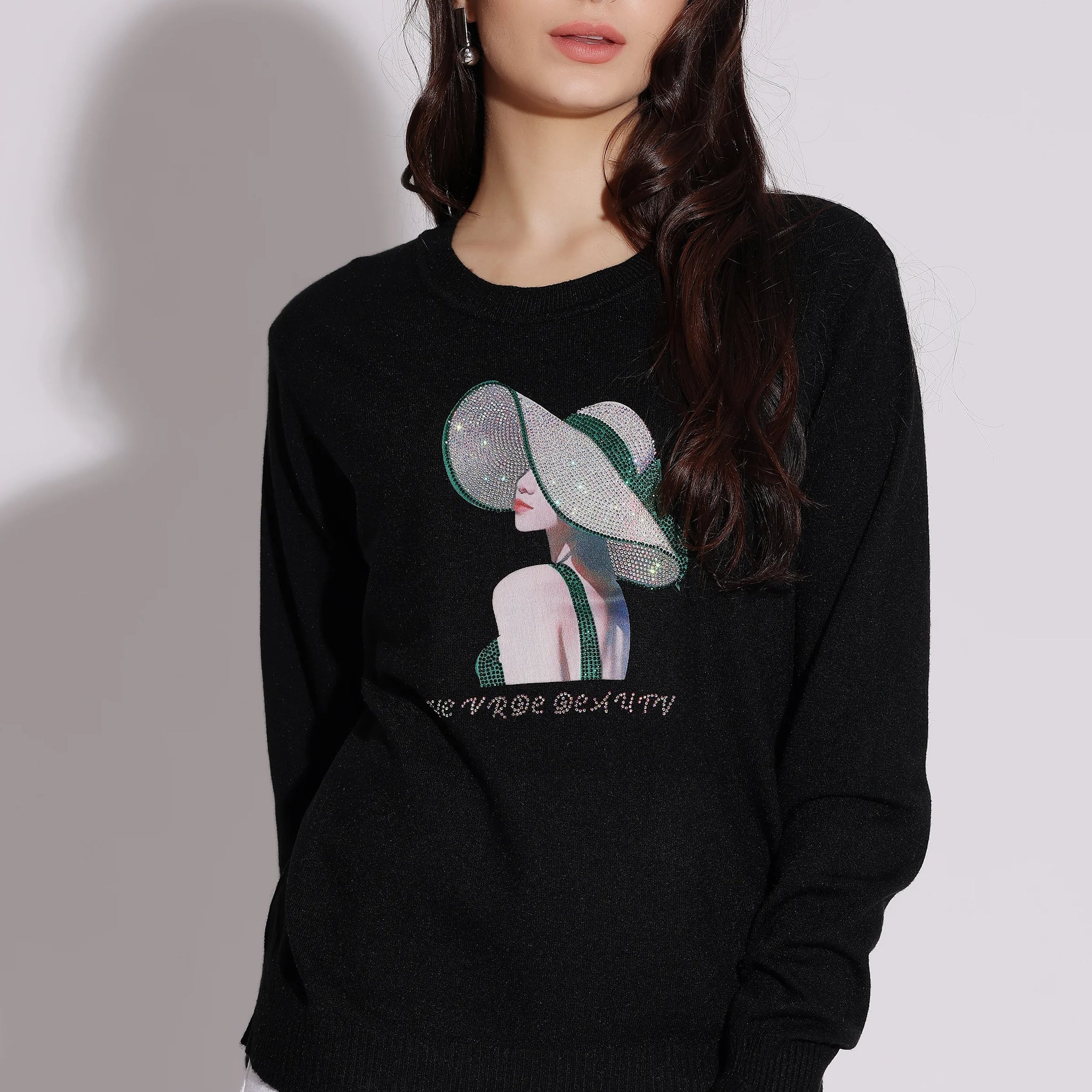 Black Graphic Sweater with Elegant Hat Design