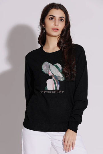 Black Graphic Sweater with Elegant Hat Design