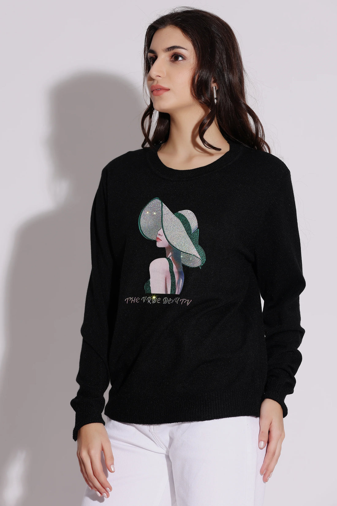 Black Graphic Sweater with Elegant Hat Design