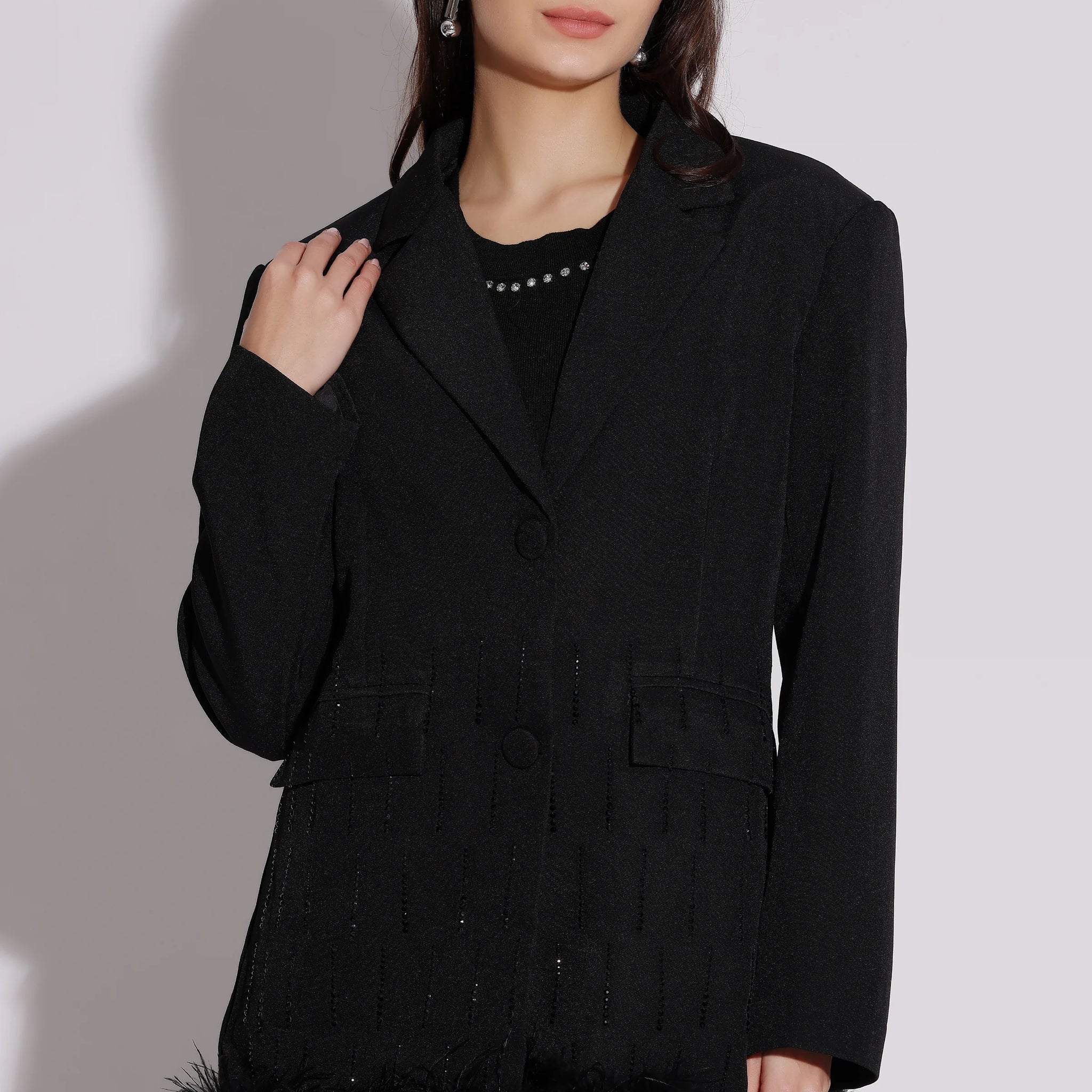 Embellished Black Coat with Feather Trim