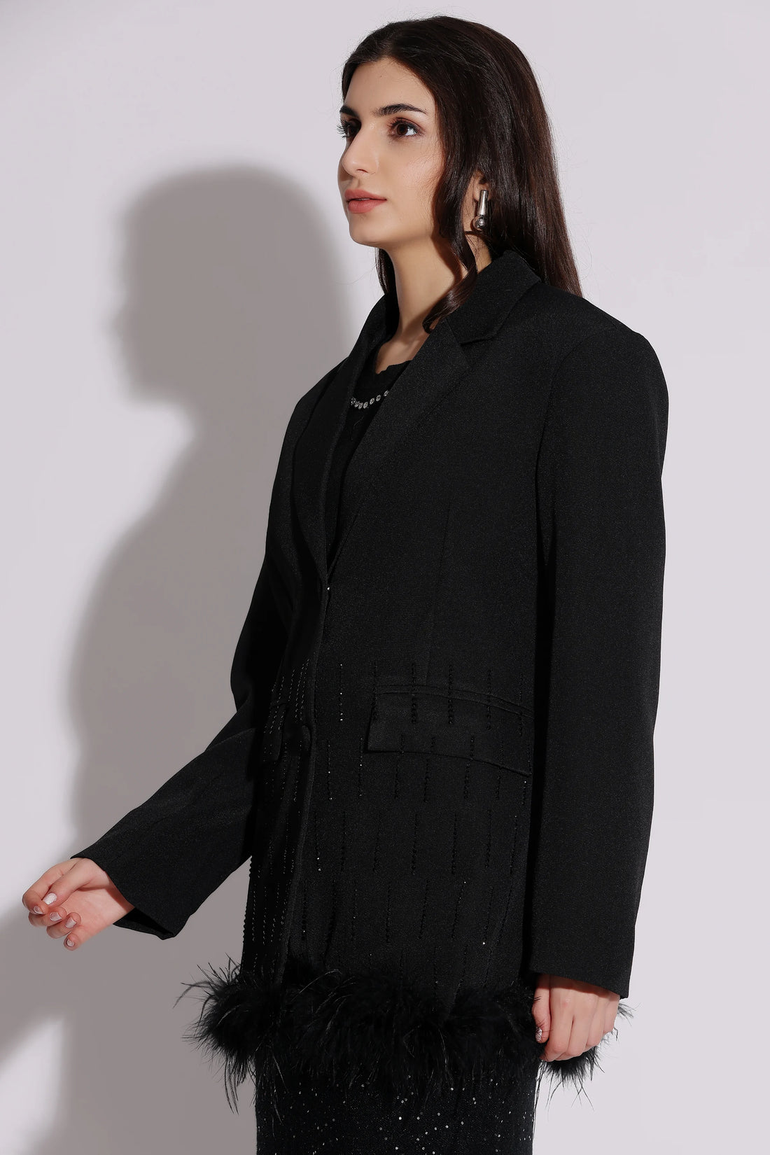 Embellished Black Coat with Feather Trim