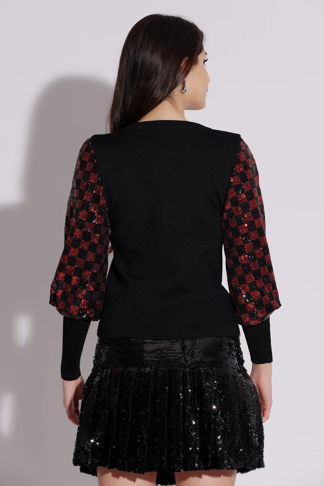 Black and Red Sequin Puff Sleeve Top