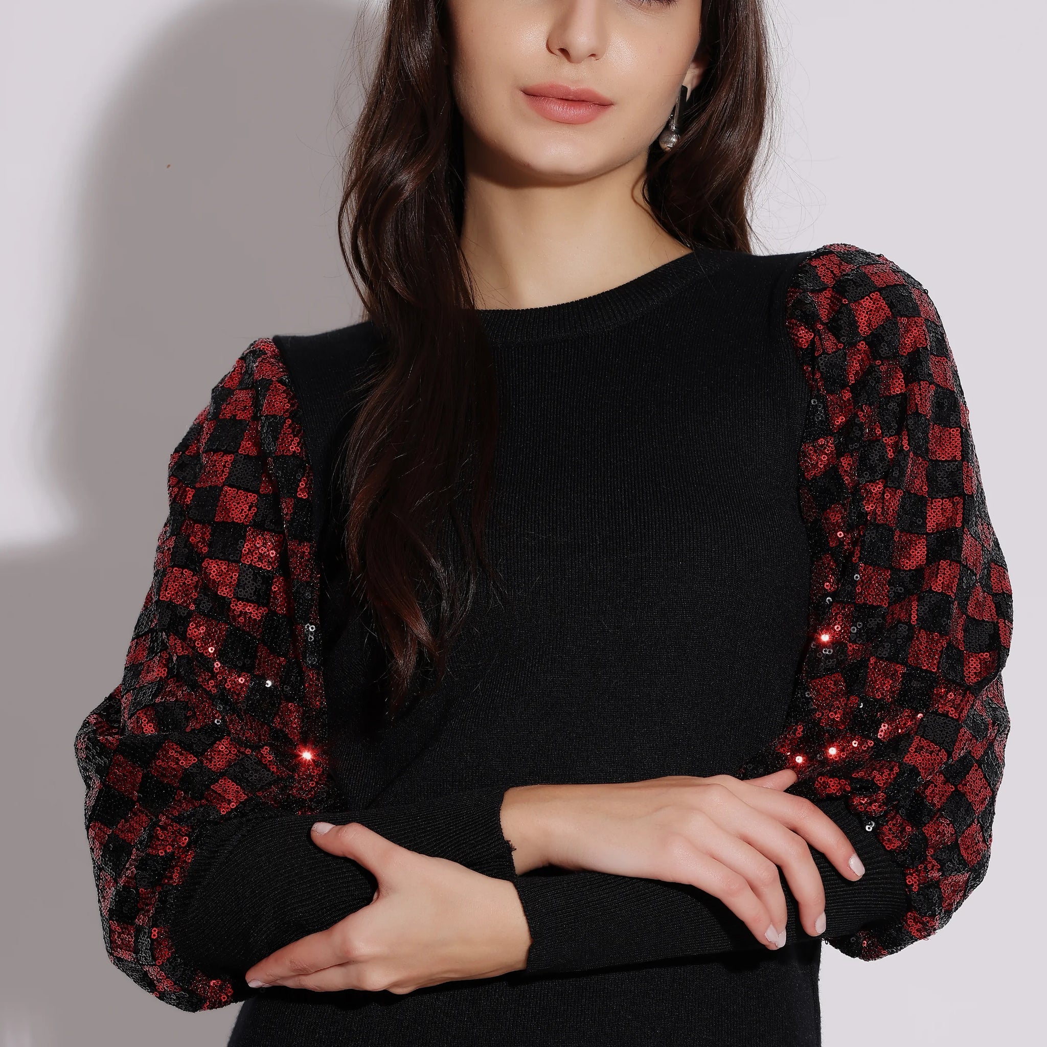 Black and Red Sequin Puff Sleeve Top