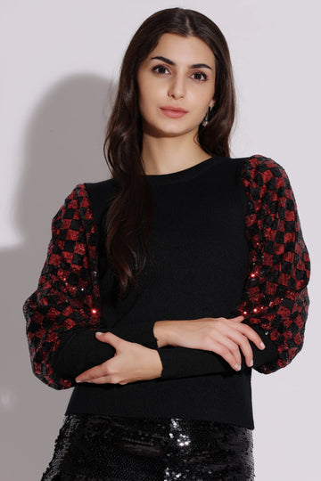 Black and Red Sequin Puff Sleeve Top