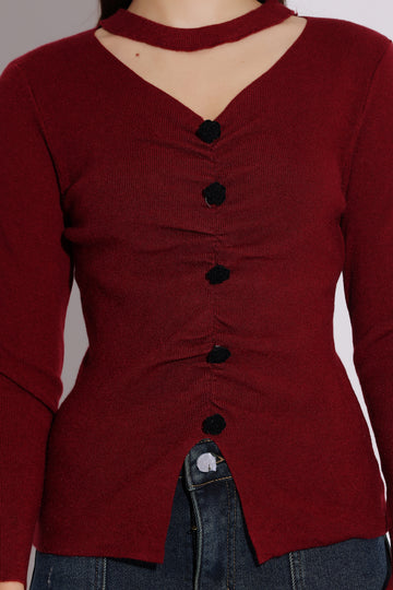 Burgundy Button-Front Sweater