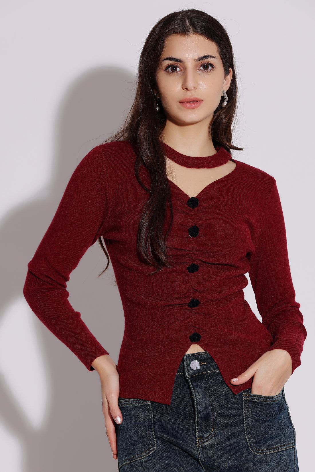 Burgundy Button-Front Sweater