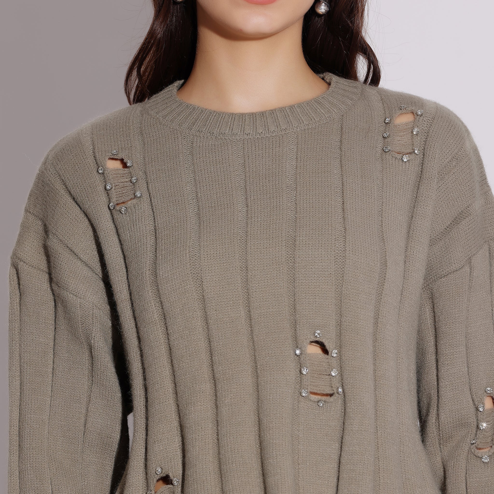 Distressed Taupe Knit Sweater