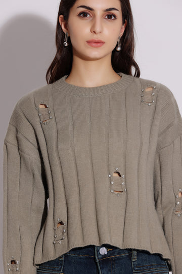 Distressed Taupe Knit Sweater